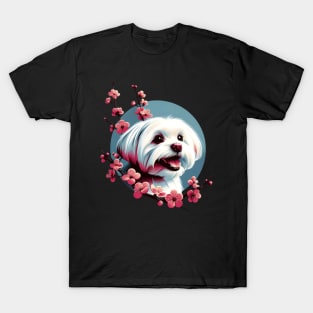 Joyful Maltese Embraced by Spring Cherry Blossoms T-Shirt